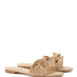 Ivy Ruffle Flat Mule In Beige Raffia