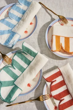 Jardin Embroidered Linen Scalloped Stripe Napkins in Green, Set of 4