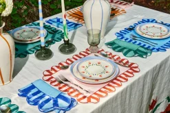 Jardin Embroidered Linen Scalloped Stripe Napkins with Color Backing, Set of 4