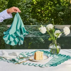 Jardin Embroidered Linen Scalloped Stripe Placemats with Color Backing, Set of 4