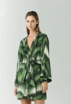 Joaquina Silk Jacquard Mini Caftan in Green Brushed
