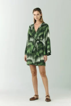 Joaquina Silk Jacquard Mini Caftan in Green Brushed