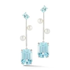 14K Aquamarine, Blue Topaz, and Pearl Statement Earring