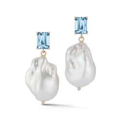 14K Blue Topaz and Baroque Pearl Drop Earrings