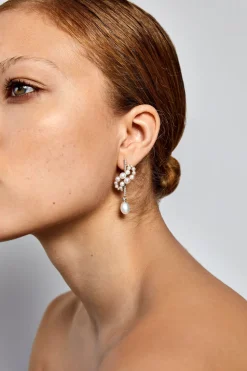 14K Gold Pearl Curve Form Earrings with Drops