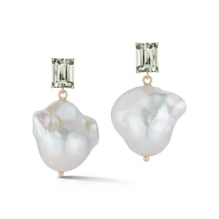 14K Green Amethyst and Baroque Pearl Drop Earrings
