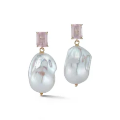 14K Rose Quartz and Baroque Pearl Drop Earrings