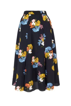 Kenzie Skirt In Retro Bouquet On Black Silk Crepe De Chine