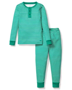 Kid’s Pima Snug Fit Pajama Set in Green Stripe