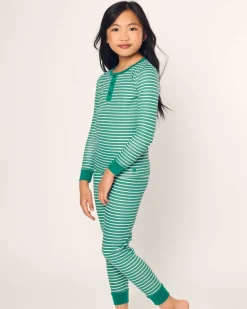 Kid’s Pima Snug Fit Pajama Set in Green Stripe