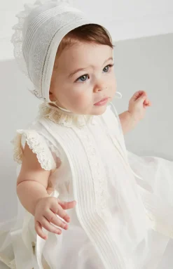 Lace Trim Fine Pleated Dress in Ivory