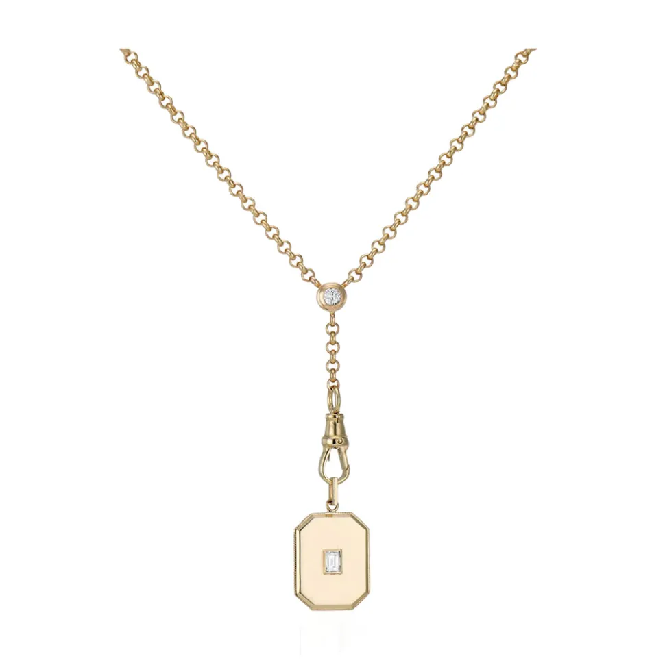 Large Gold Diamond Baguette Cut Bezel Charm and Old European Cut Diamond Double Bezel Arin Chain