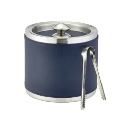 Leather Ice Bucket with Tongs in Blue