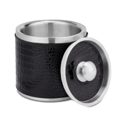Leather Ice Bucket with Tongs in Crocodile Embossed Leather