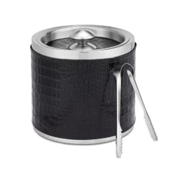 Leather Ice Bucket with Tongs in Crocodile Embossed Leather