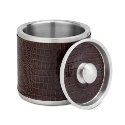 Leather Ice Bucket with Tongs in Crocodile Embossed Leather