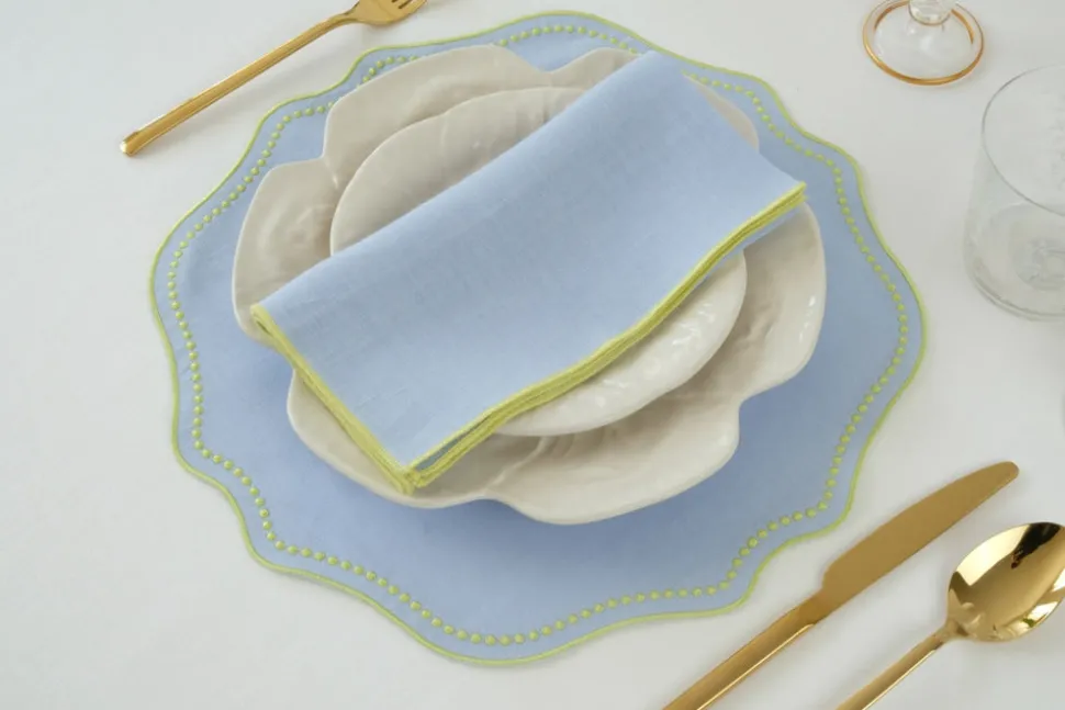 Lime Dotted Blue Linen Placemat, Set of 4