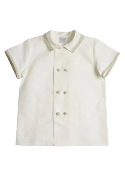 Linen Boys Celebration Shirt in White with Beige Piping