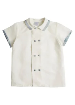 Linen Boys Celebration Shirt in White with Blue Silk piping