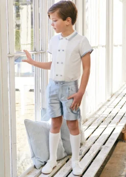 Linen Boys Celebration Shirt in White with Blue Silk piping