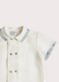 Linen Boys Celebration Shirt in White with Blue Silk piping