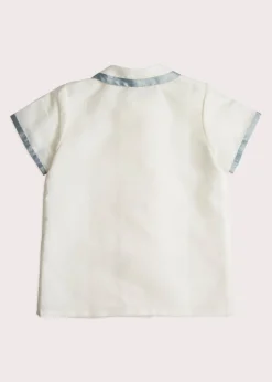 Linen Boys Celebration Shirt in White with Blue Silk piping