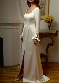 Long Sleeve Gown With Keyhole Wrist Ties and Train in Créme Satin