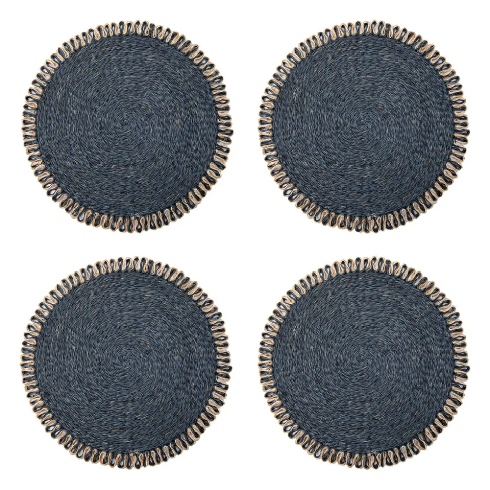 Loopy Abaca 15" Round Placemat in Navy & Natural, Set of 4