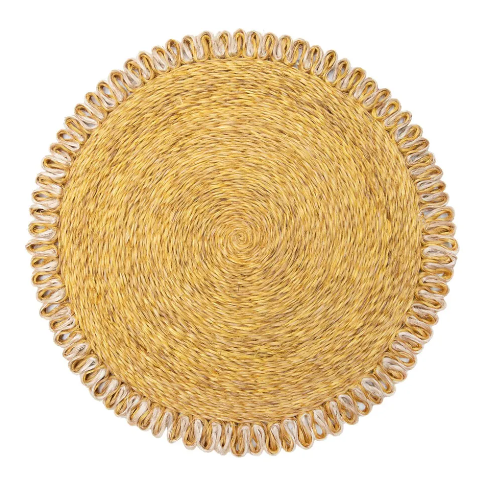 Loopy Abaca 15" Round Placemat in Mustard & Natural, Set of 4
