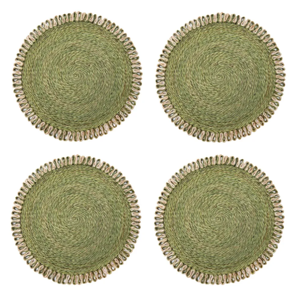 Loopy Abaca 15" Round Placemat in Olive Green & Natural, Set of 4