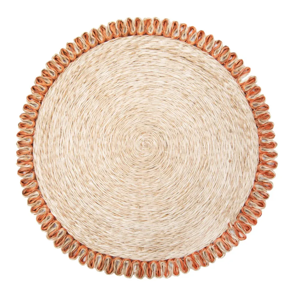 Loopy Abaca 15" Round Placemat in Natural & Orange, Set of 4