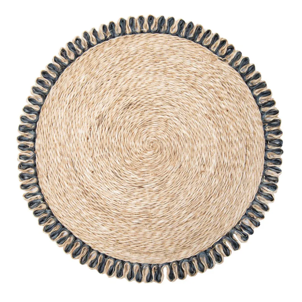 Loopy Abaca 15" Round Placemat in Natural & Navy, Set of 4