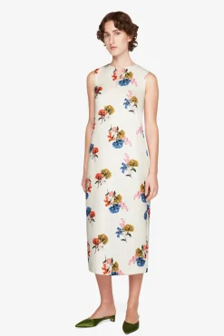 Ludie Dress In Retro Bouquet On White Taffeta Faille