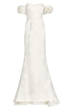 Luisa Off-The-Shoulder White Floral Jacquard Gown With Puff Sleeves
