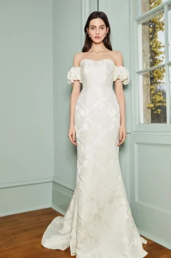 Luisa Off-The-Shoulder White Floral Jacquard Gown With Puff Sleeves