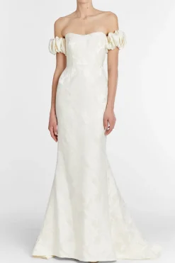 Luisa Off-The-Shoulder White Floral Jacquard Gown With Puff Sleeves