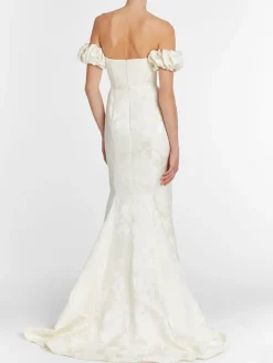 Luisa Off-The-Shoulder White Floral Jacquard Gown With Puff Sleeves