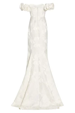 Luisa Off-The-Shoulder White Floral Jacquard Gown With Puff Sleeves