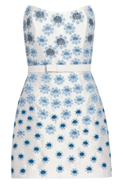 Lulu White Silk Mini Dress With Blue Daisy Beading