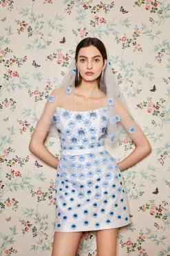 Lulu White Silk Mini Dress With Blue Daisy Beading