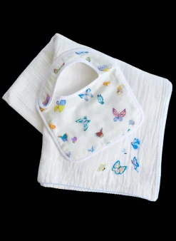 Madame Butterfly Bib and Embroidered Butterfly Shawl Blanket Set