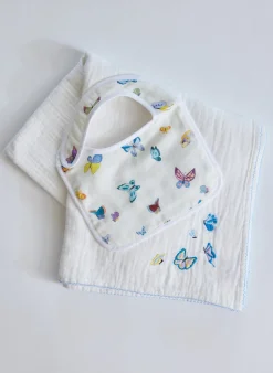Madame Butterfly Bib and Embroidered Butterfly Shawl Blanket Set