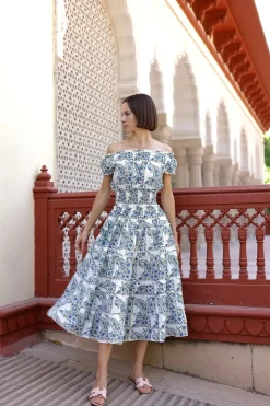 Majorca Midi Dress in Blue Green Paisley