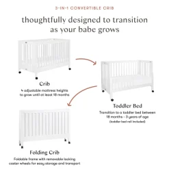 Maki Portable Folding Crib with Toddler Bed Conversion Kit in White