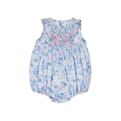 Marguerite Floral Blue Frilled Sleeveless Smocked Romper