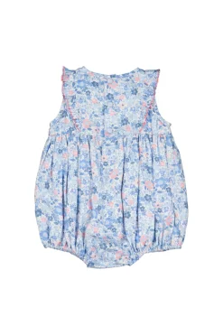 Marguerite Floral Blue Frilled Sleeveless Smocked Romper