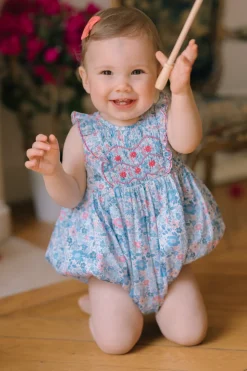 Marguerite Floral Blue Frilled Sleeveless Smocked Romper