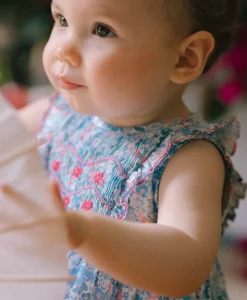 Marguerite Floral Blue Frilled Sleeveless Smocked Romper