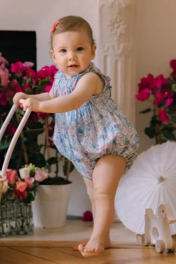Marguerite Floral Blue Frilled Sleeveless Smocked Romper