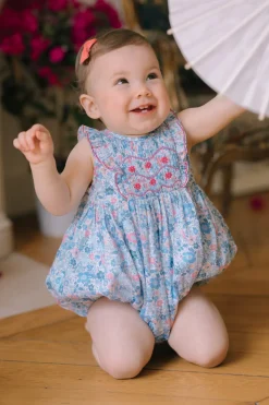 Marguerite Floral Blue Frilled Sleeveless Smocked Romper